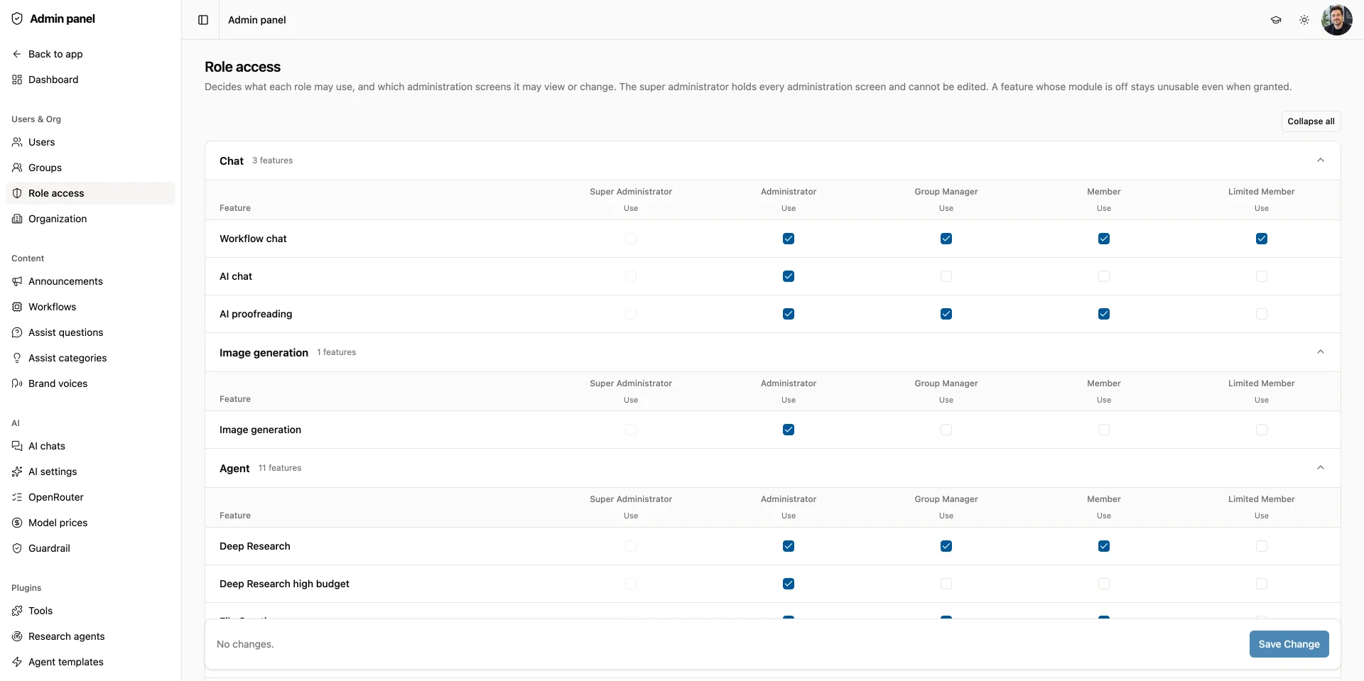 Settings for the features and admin pages each role can view and edit