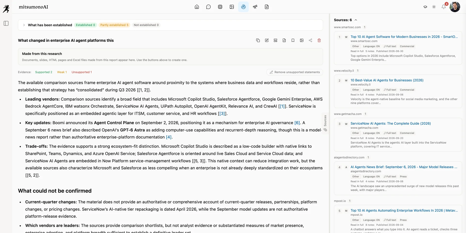 The research results screen, with verified findings and the list of cited sources side by side